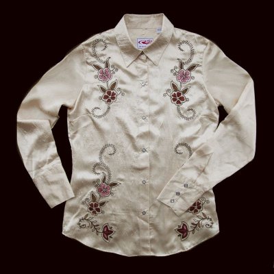画像1: フローラル サテン 刺繍 ウエスタンシャツ（長袖・ライトゴールド）/Western Shirt Long Sleeve(Women's)