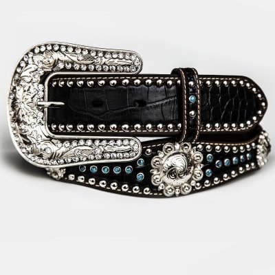 画像1: ノコナ ラインストーン・スタッズ クロコダイルデザイン スカロップ ベルト（ブラック・ターコイズ）/Nocona Western Belt(Black)