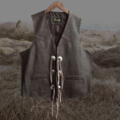 画像1: スカリー ウエスタン レザー＆コンチョ ベスト（ブラウン）L/Scully Western Concho Vest(Brown)