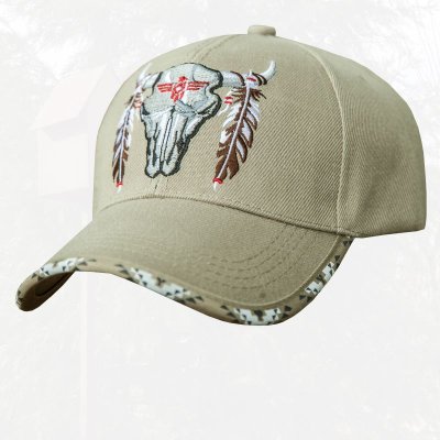 画像1: ネイティブプライド キャップ スカル フェザー カーキ/Native Pride Cap Khaki