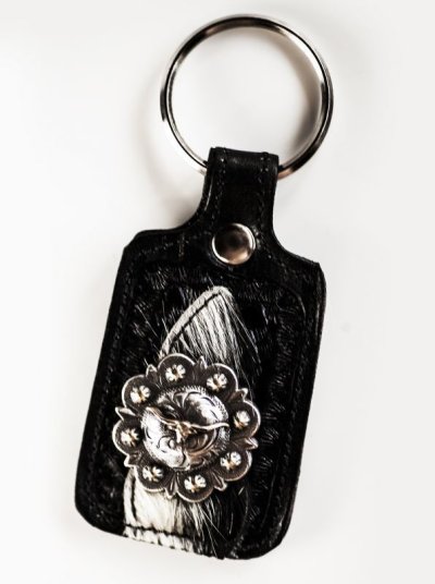 画像1: ロングホーン ウエスタンコンチョ レザー・カウヘアー キーホルダー（スクエア・ブラック）/Longhorn Western Concho Leather&Hair Calf Key Fob(Square・Black)