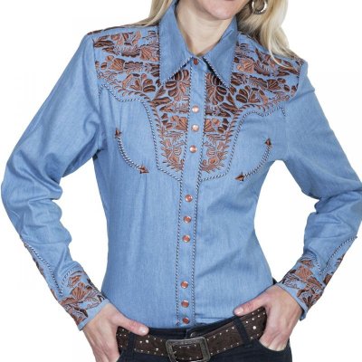 画像1: スカリー 刺繍 ウエスタン シャツ（長袖/ライトブルー）/Scully Long Sleeve Western Shirt(Women's) 