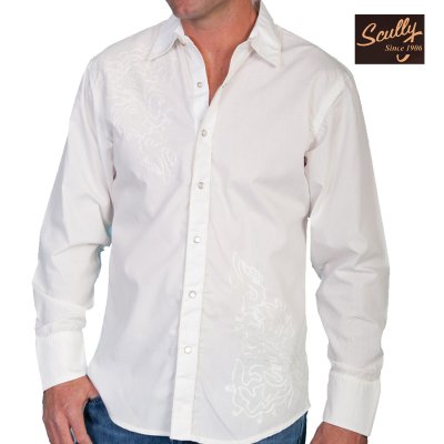 画像1: スカリー スナップフロント 刺繍 シャツ（長袖/ホワイト・フロント刺繍）/Scully Long Sleeve Embroidered Snap Front Shirt(Men's)