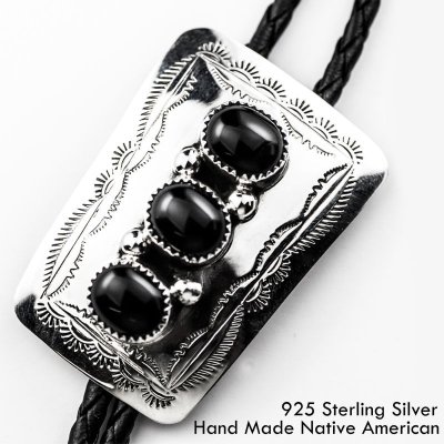 画像1: シルバー&オニキス ボロタイ ネイティブアメリカン ナバホ族 ハンドメイド/Navajo Sterling Silver Bolo Tie