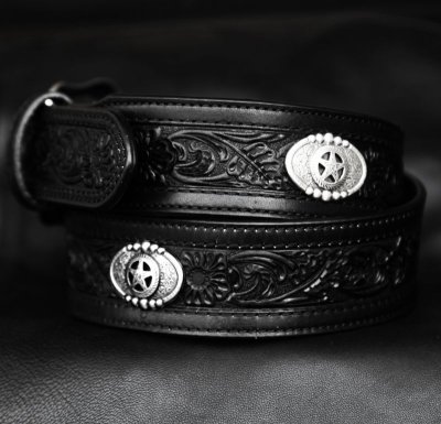 画像2: スターコンチョ&フラワー レザーベルト（ブラック）34/Western Floral Embossed Leather Belt(Black)