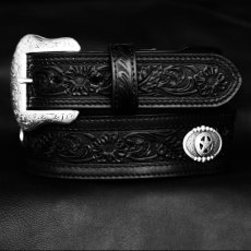 画像4: スターコンチョ&フラワー レザーベルト（ブラック）34/Western Floral Embossed Leather Belt(Black) (4)