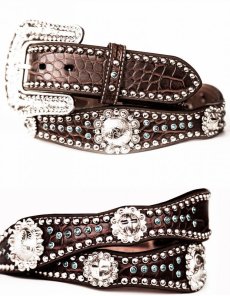 画像2: ノコナ ラインストーン・スタッズ クロコダイルデザイン スカロップ ベルト（ブラウン・ターコイズ）/Nocona Western Belt(Brown) (2)