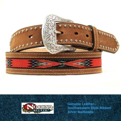 画像1: ノコナ サウスウエストテープ&スタッズ ウエスタン レザーベルト（ブラウン・レッド）/Nocona Western Leather Belt(Brown/Red)