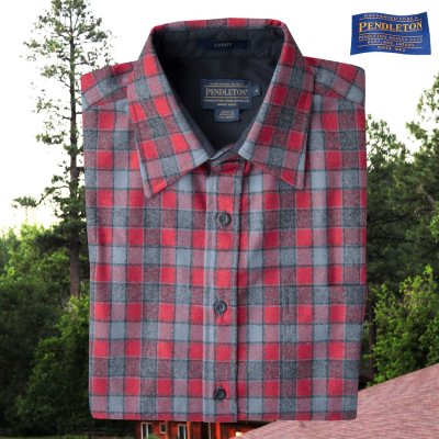 画像1: ペンドルトン ウール シャツ・フィッテッド ロッジシャツ（長袖・グレー・レッドチェック）XS（身幅51cm）/Pendleton Fitted Lodge Shirt (Grey/Red Check)