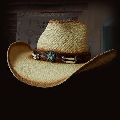 画像1: ハンドウーブン パナマ スターロングホーンコンチョ レザーバンド ストローハット（ナチュラル）/Western Straw Hat