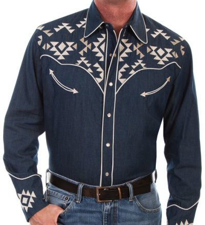 画像1: スカリー アズテック刺繍 ウエスタン シャツ（長袖/デニム）/Scully Long Sleeve Embroidered Western Shirt(Men's)