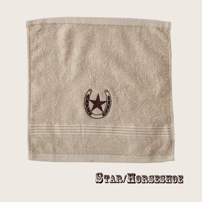 画像1: ウエスタン 刺繍 ウォッシュタオル・ハンドタオル スター＆ホースシュー（カーキ）/Western Star&Horseshoe Wash Cloth(Khaki)