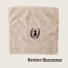 画像1: ウエスタン 刺繍 ウォッシュタオル・ハンドタオル カウボーイ＆ホースシュー（カーキ）/Cowboy&Horseshoe Wash Cloth(Khaki) (1)