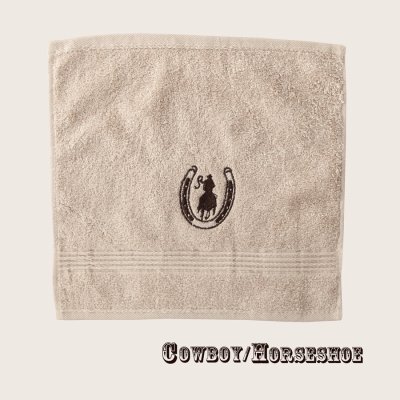 画像1: ウエスタン 刺繍 ウォッシュタオル・ハンドタオル カウボーイ＆ホースシュー（カーキ）/Cowboy&Horseshoe Wash Cloth(Khaki)