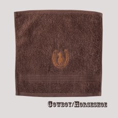 画像1: ウエスタン 刺繍 ウォッシュタオル・ハンドタオル カウボーイ＆ホースシュー（ブラウン）/Cowboy&Horseshoe Wash Cloth(Chocolate) (1)