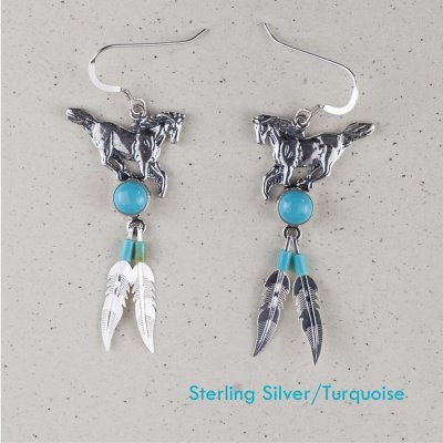 画像1: ホース&フェザー スターリングシルバー・ターコイズ ピアス/Sterling Silver Turquoise Pierce Horse&Feather