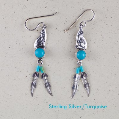 画像1: ウルフ&フェザー スターリングシルバー・ターコイズ ピアス/Sterling Silver Turquoise Earrings Wolf&Feather