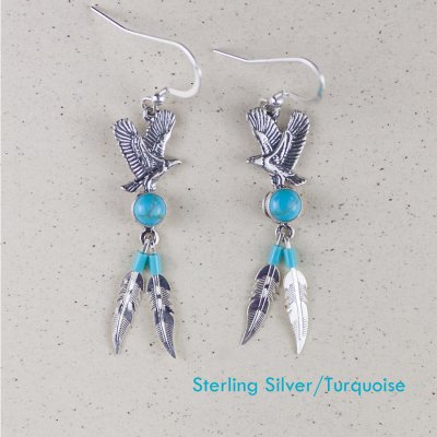 画像1: イーグル&フェザー スターリングシルバー・ターコイズ ピアス/Sterling Silver Turquoise Pierce Eagle&Feather