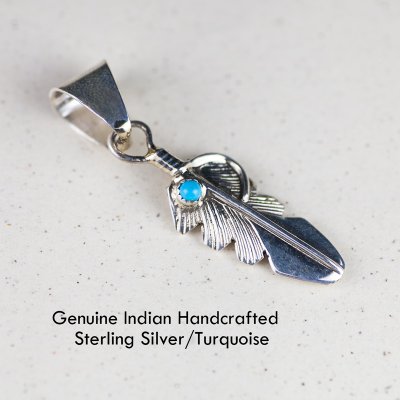画像1: ナバホ インディアン ハンドメイド スターリングシルバー・ターコイズ フェザー ペンダント トップ/Navajo Sterling Silver Turquoise Pendant Feather