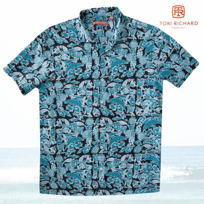 画像1: トリリチャード フィッシュ アロハシャツ（半袖・ブラック/マリンブルー）S/Tori Richard Short Sleeve Aloha Shirt(Black)