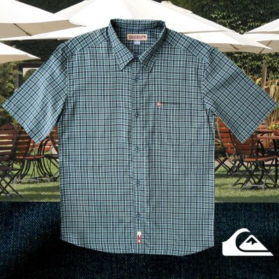 画像1: クイックシルバー 半袖 シャツ（グリーン・ブルー）/Quiksilver Tencel Plaid Shortsleeve Shirt(Green/Blue)