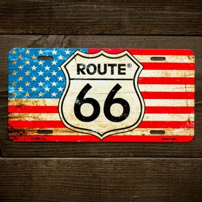画像1: ルート66&星条旗 ライセンス プレート/Route 66 American Flag License Plate