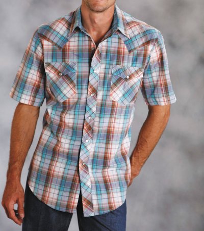 画像1: ローパー ウエスタンシャツ（ターコイズ・デニム・ブラウン/半袖）L/Roper Short Sleeve Western Shirt