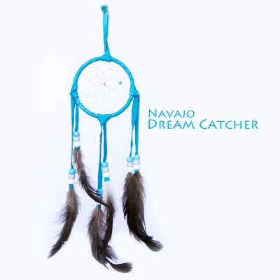 画像1: アメリカインディアン ナバホ族 鹿革製 ハンドメイド ドリームキャッチャー 7.7cm（ターコイズ/ライトブルー・グレー・ホワイト）/Navajo Hand Made Dream Catcher