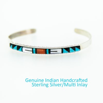 画像1: ズニ スターリングシルバー マルチ インレイ ハンドメイド ブレスレット/Zuni Sterling Silver Multi Inlay Bracelet