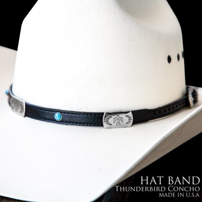 画像1: レザー ハット バンド サンダーバード&ターコイズ（ブラック）/Hat Band Leather w/Thunderbird Conchos&Turquoise Accent(Black)