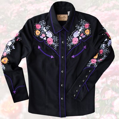 画像1: スカリー ローズ 刺繍 ラインストーン ウエスタン シャツ（長袖/ブラック）S/Scully Long Sleeve Western Shirt(Women's)