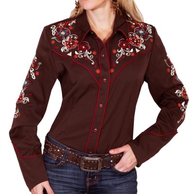 画像1: スカリー フローラル刺繍 ウエスタン シャツ（長袖/チョコレート）M/Scully Long Sleeve Western Shirt(Women's)