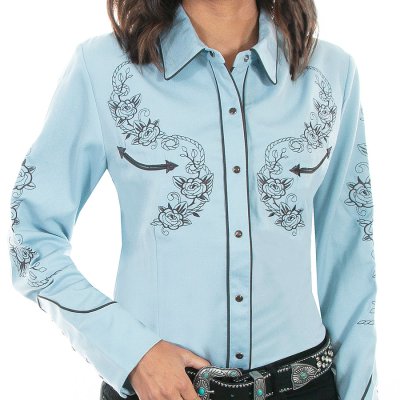 スカリー ロープ&ローズ 刺繍 ウエスタン シャツ（長袖/ライトブルー）M/Scully Long Sleeve Western  Shirt(Women's)