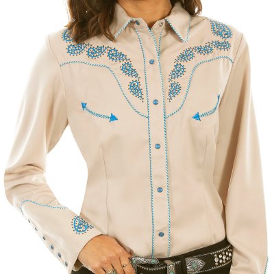 画像1: スカリー ブルースクロール刺繍 ラインストーン ウエスタン シャツ（長袖/タン）M/Scully Long Sleeve Western Shirt(Women's)