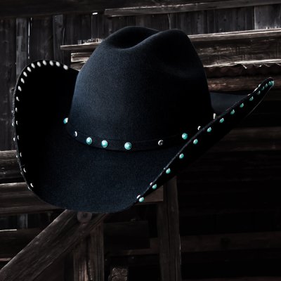 画像1: ターコイズ&シルバー スタッズ ウール カウボーイハット（ブラック）/Wool Felt Cowboy Hat(Black)