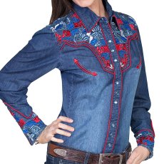 画像1: スカリー 刺繍 ウエスタン シャツ（長袖/デニム・フローラルマルチカラー）/Scully Long Sleeve Western Shirt(Women's) (1)