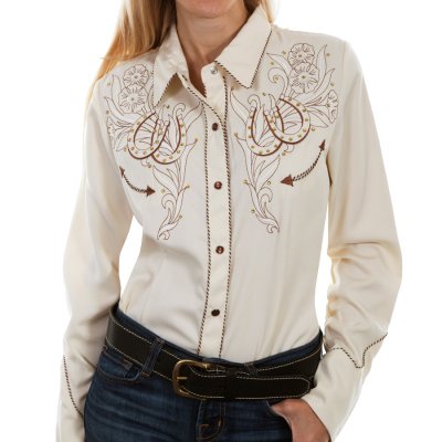 画像1: スカリー ローズ＆ホースシュー刺繍 ラインストーン ウエスタン シャツ（長袖/クリーム）/Scully Long Sleeve Western Shirt(Women's)