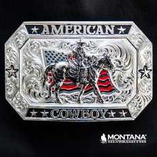 画像1: モンタナシルバースミス アメリカン カウボーイ フラッグ・ホースライディング ベルト バックル/Montana Silversmiths American Cowboy Flag Belt Buckle (1)