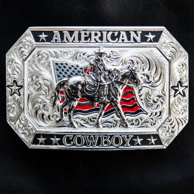 画像1: モンタナシルバースミス アメリカン カウボーイ フラッグ・ホースライディング ベルト バックル/Montana Silversmiths American Cowboy Flag Belt Buckle