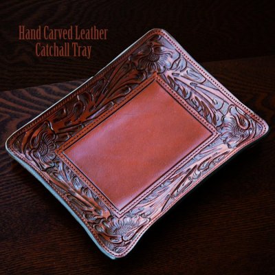 画像1: ウエスタン レザー アクセサリー トレイ（フローラルブラウン）/Hand Carved Leather Catchall Tray(Brown)