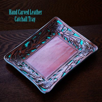 画像1: ウエスタン フィリグリー レザー アクセサリー トレイ（フローラルブラウン・ターコイズ）/Hand Carved Leather Catchall Tray(Brown/Turquoise)