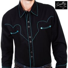 画像1: スカリー ウエスタン シャツ（長袖/ブラック・ターコイズキャンディケインパイピング）/Scully Long Sleeve Western Shirt(Men's)  (1)