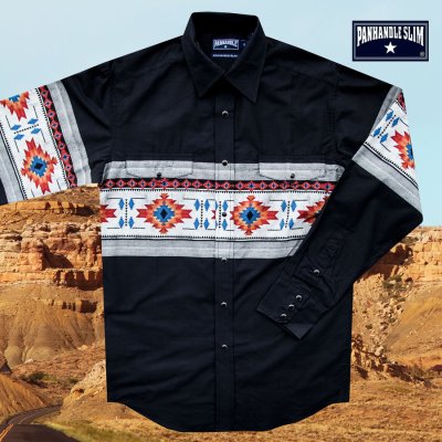 画像1: パンハンドルスリム アズテック ボーダー ウエスタンシャツ ブラック（長袖）M/Panhandle Slim Aztec Border Shirt