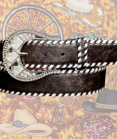 画像2: ノコナ ラインストーンバックル・ウィップステッチ&刺繍 ウエスタン ベルト（ブラウン・シルバー）/Nocona Whip-Stiched Embroidered Belt