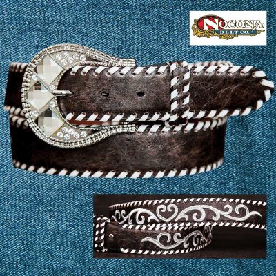 画像1: ノコナ ラインストーンバックル・ウィップステッチ&刺繍 ウエスタン ベルト（ブラウン・シルバー）/Nocona Whip-Stiched Embroidered Belt