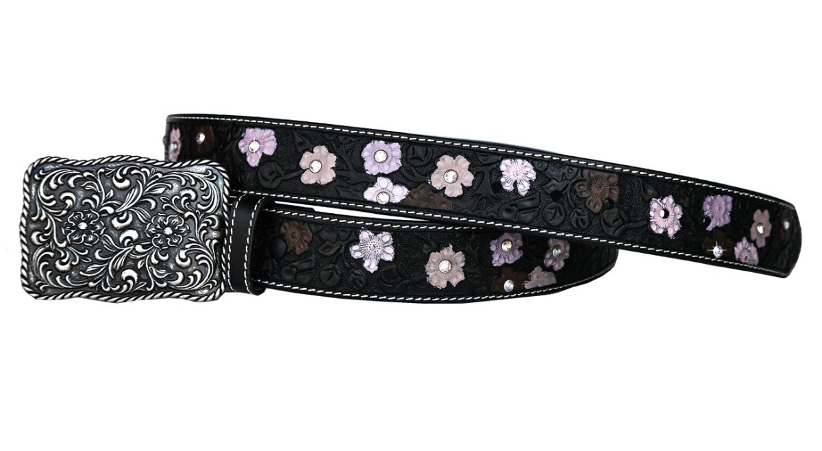 画像2: ローパー フラワー・ラインストーン ウエスタン レザー ベルト(ブラック)/Roper Western Leather Belt(Black) (2)