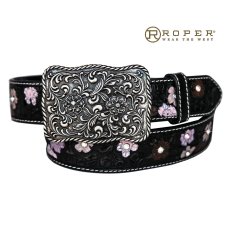 画像1: ローパー フラワー・ラインストーン ウエスタン レザー ベルト（ブラック）/Roper Western Leather Belt(Black) (1)