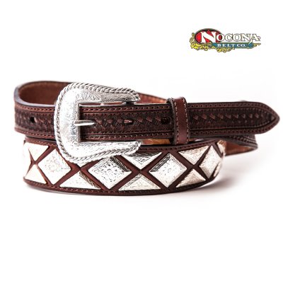 画像1: ノコナ テーパード ウエスタン レザーベルト（ブラウン・シルバー）ラージサイズ40,44,46/Nocona Western Leather Belt(Brown)