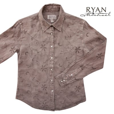 画像1: ライアン マイケル フローラル刺繍・アイレット ウエスタン シャツ（ライトブラウン・長袖）/Ryan Michael Long Sleeve Western Shirt(Women's) 