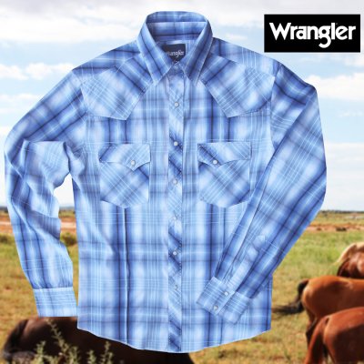 画像1: ラングラー ピックステッチ ウエスタンシャツ（ブループラッド・長袖）/Wrangler Long Sleeve Western Shirt(Blue Plaid)